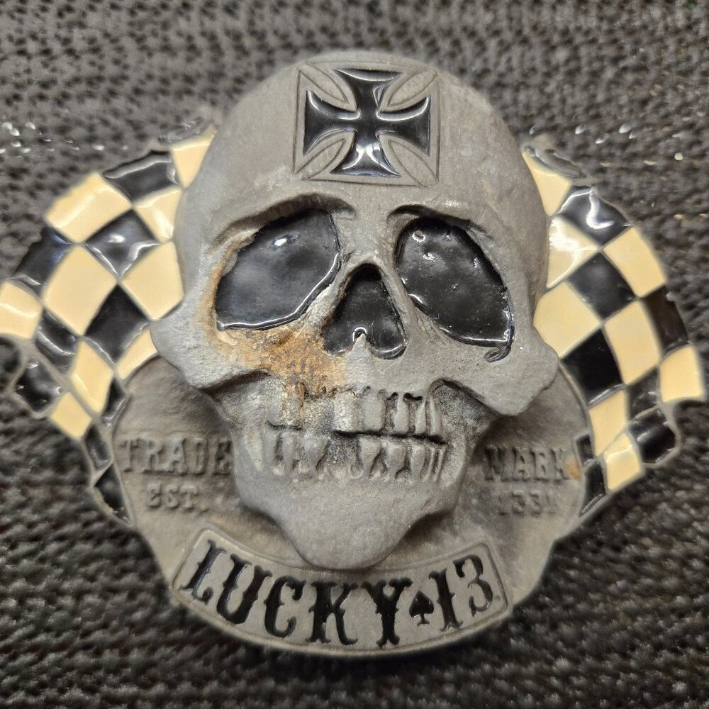 Lucky 13 2004 Belt Buckle Skull Cross Checkered flag with bottle opener